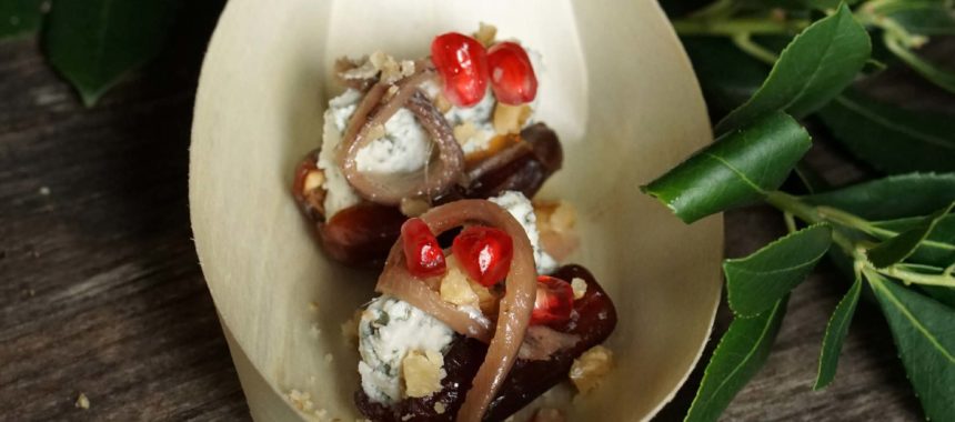 Christmas canapes: Date, Cabrales cheese and anchovy appetizers